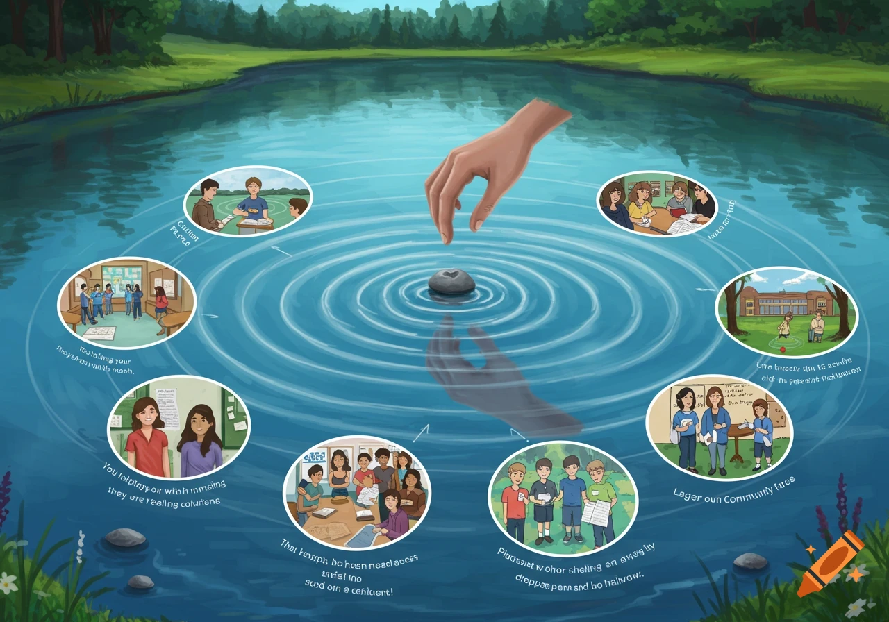 Illustration of a hand dropping a stone into a pond with ripples containing scenes of people helping each other.