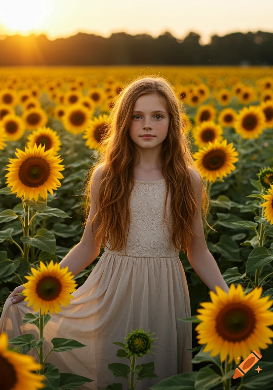 A young girl with long red hair standing in a field of sunflowers at ...