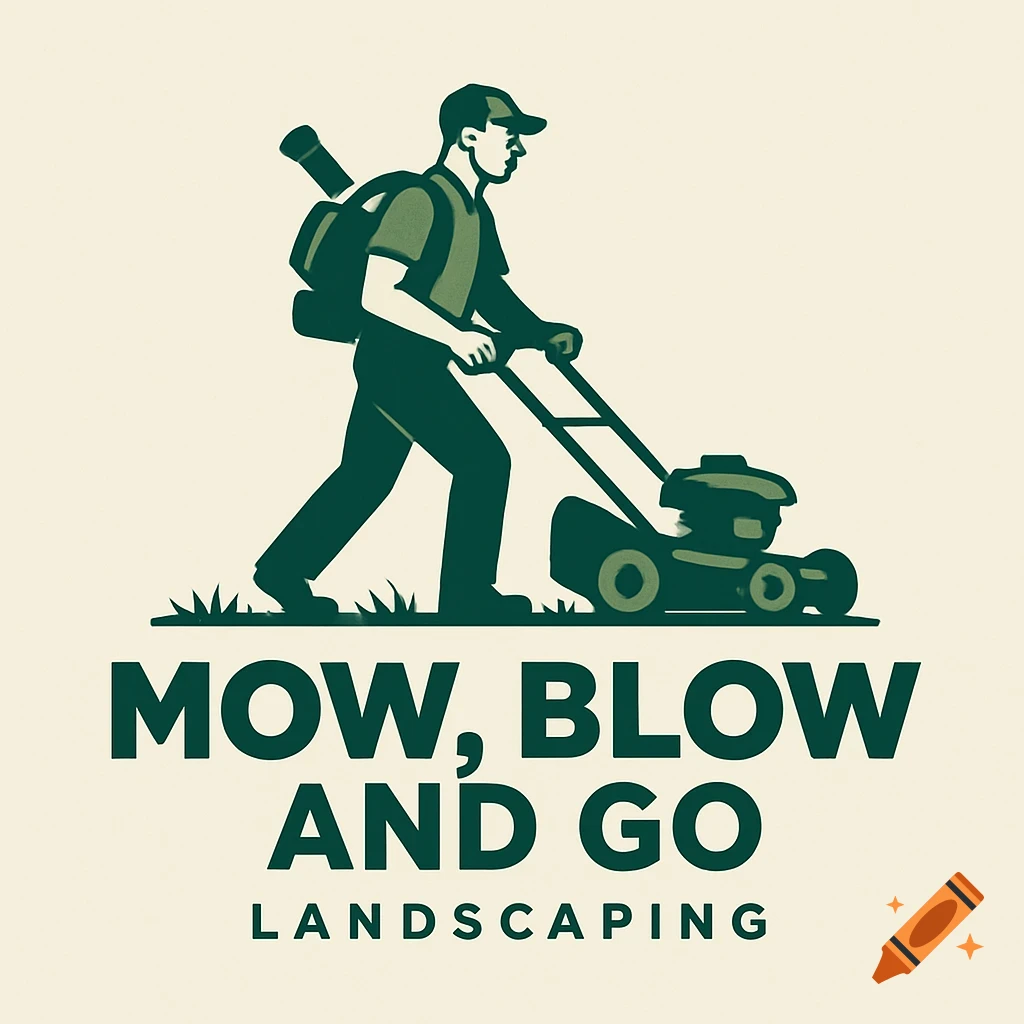 Logo of a man mowing a lawn, with the text 'MOW, BLOW AND GO LANDSCAPING' below him.