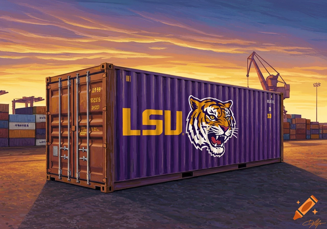 Purple LSU logo shipping container at a port at sunset, illustration