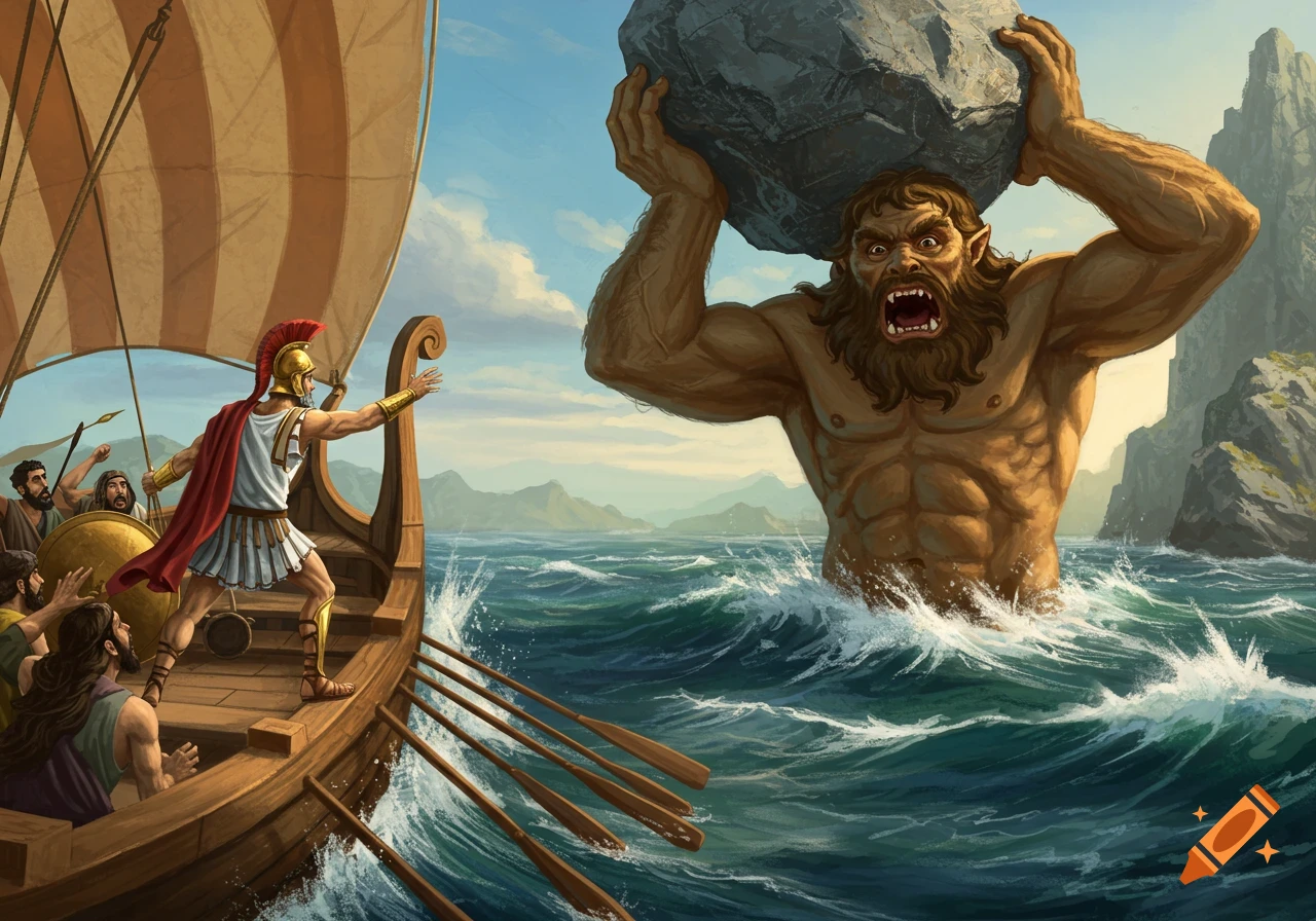 Odysseus yells from a ship at a cyclops throwing a boulder in the sea, illustration
