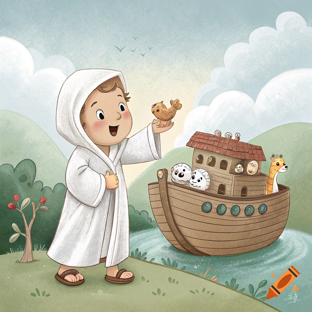 Cartoon illustration of a child holding a fish next to a toy ark with animals