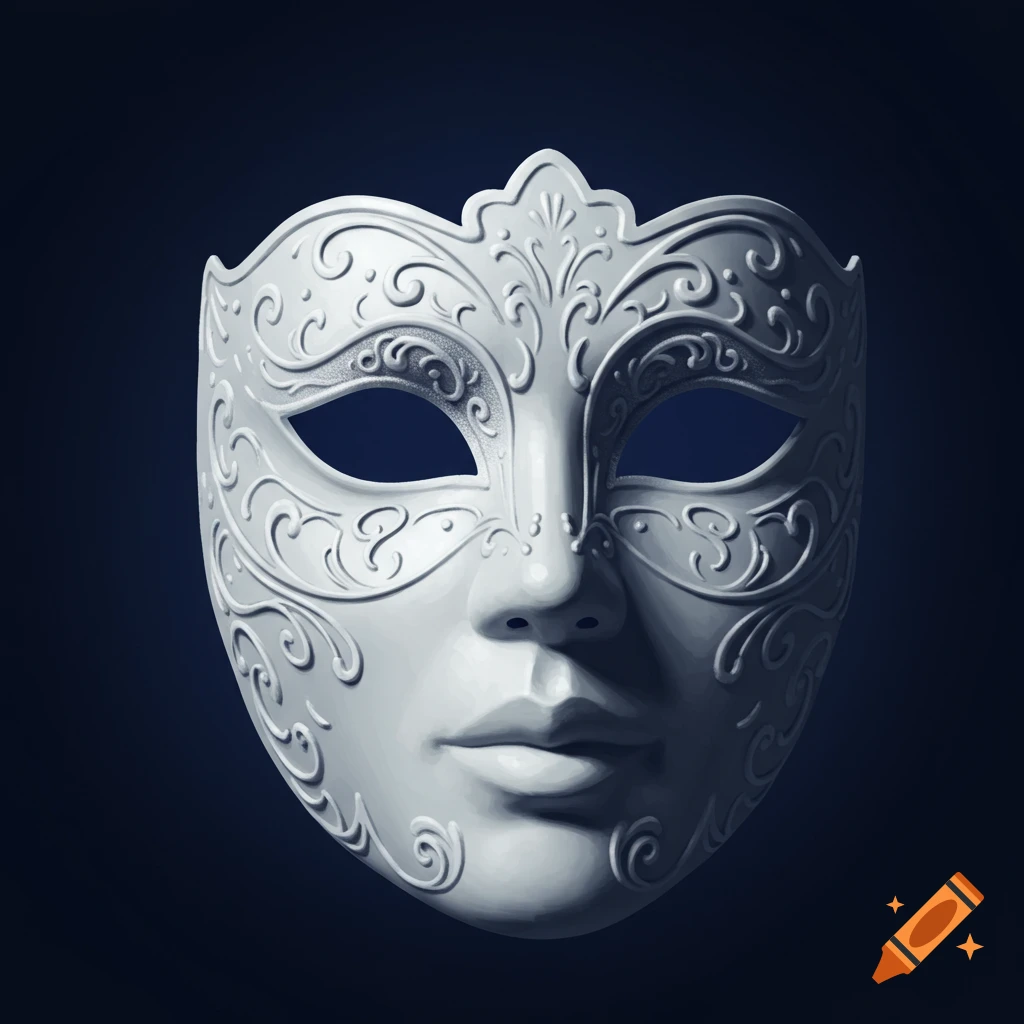 A white masquerade mask with intricate relief patterns is centered on a dark blue background.