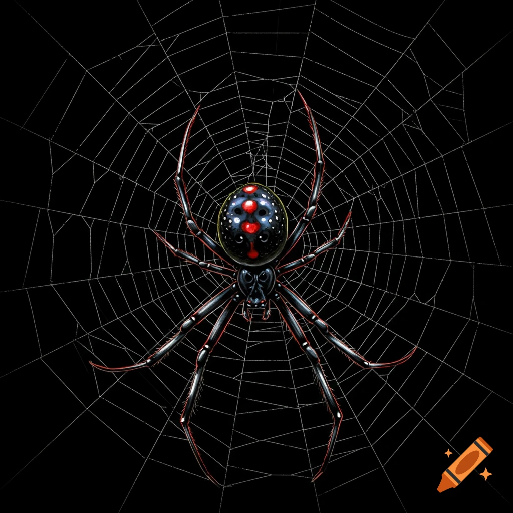 Illustration of a black spider with red markings on a white spiderweb against a black background.