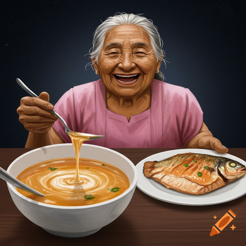 Illustration of a smiling elderly woman eating soup and fish.