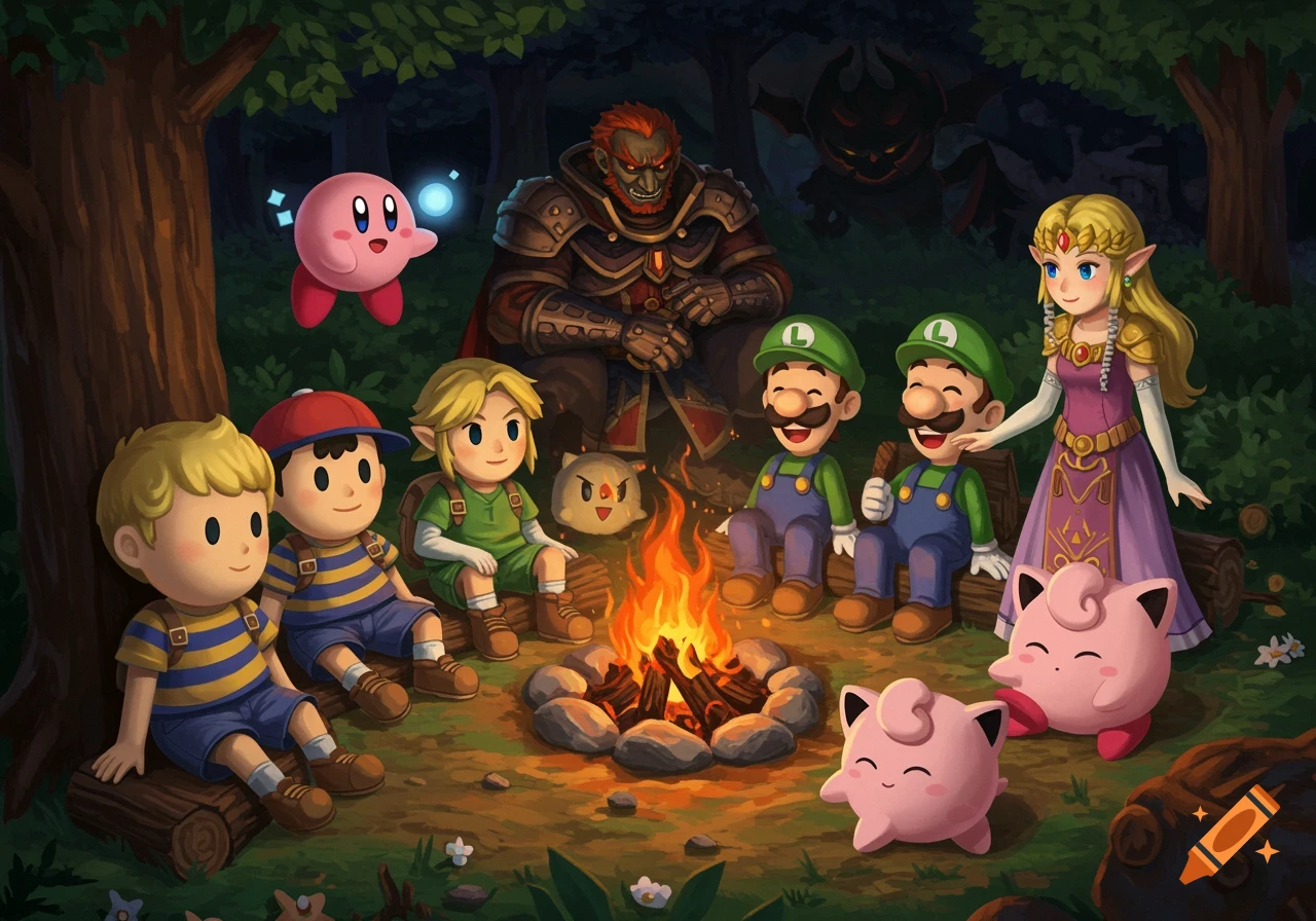 Stylized art of Nintendo characters including Link, Zelda, Ganondorf, Kirby, Ness, Lucas, Luigi, and Jigglypuff sitting around a campfire.