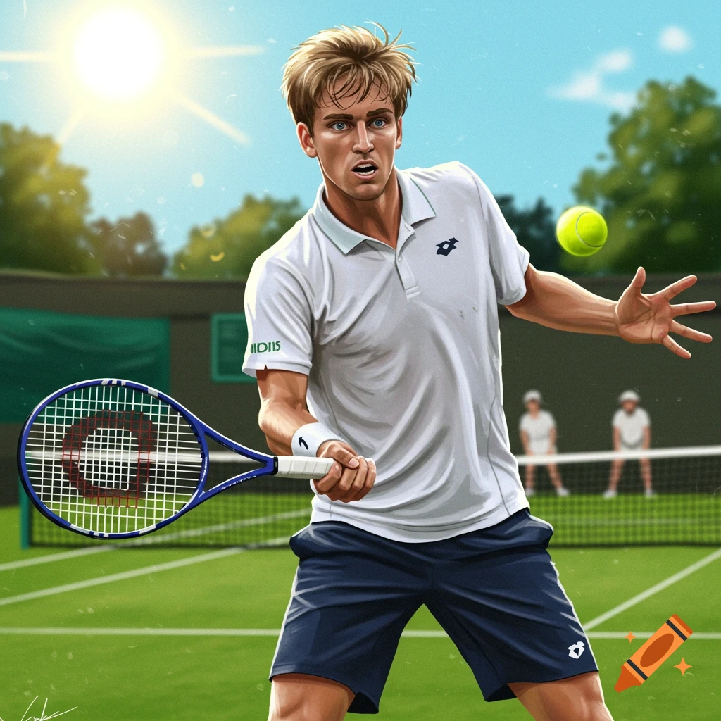 Illustration of a male tennis player hitting a forehand shot on a sunny court.