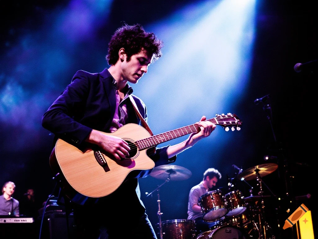 Man playing acoustic guitar on stage under blue spotlights with a band.