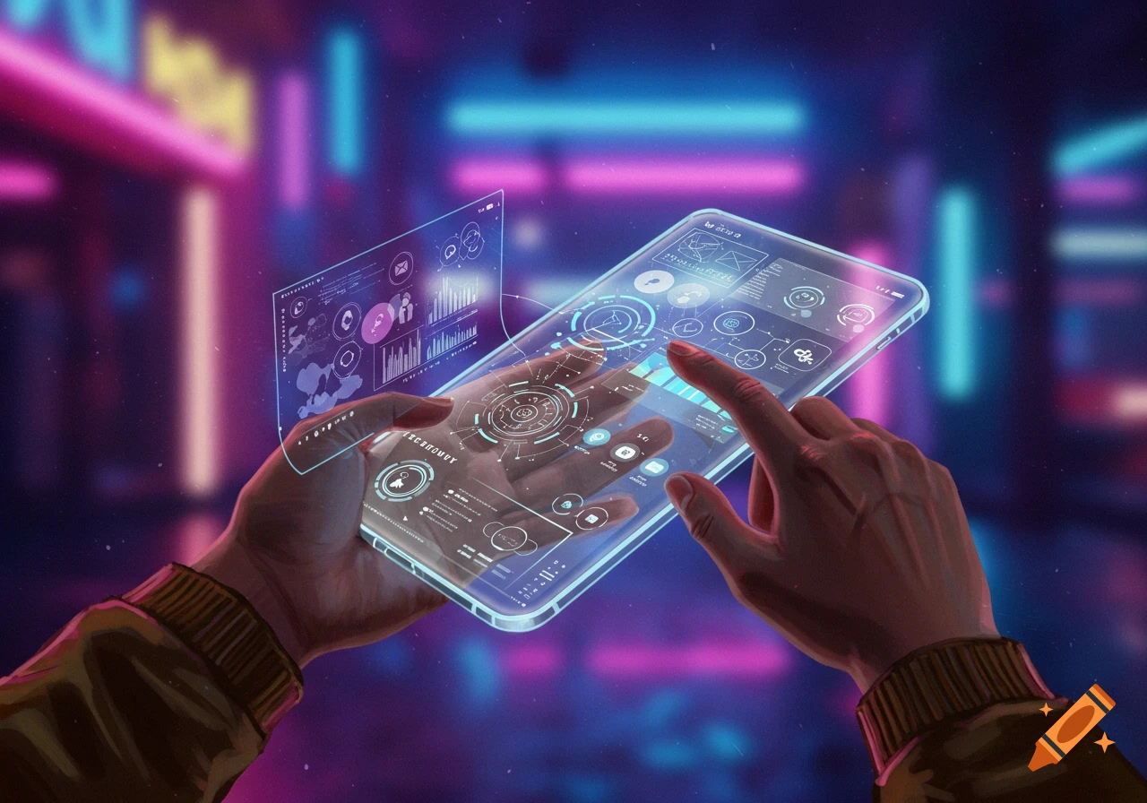 Hands interact with a transparent holographic screen displaying futuristic data in a city with neon lights.