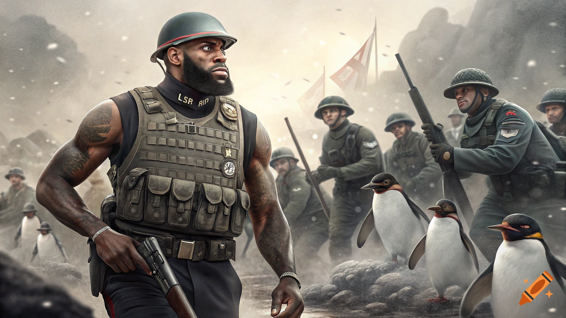 LeBron James in military gear leads soldiers and penguins in a snowy, rocky landscape.