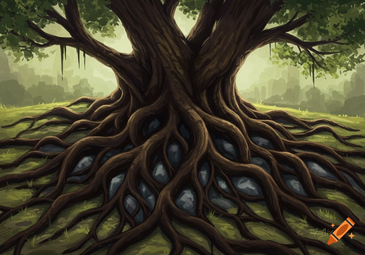 Large, gnarled tree roots spread over rocky ground in a painterly style.