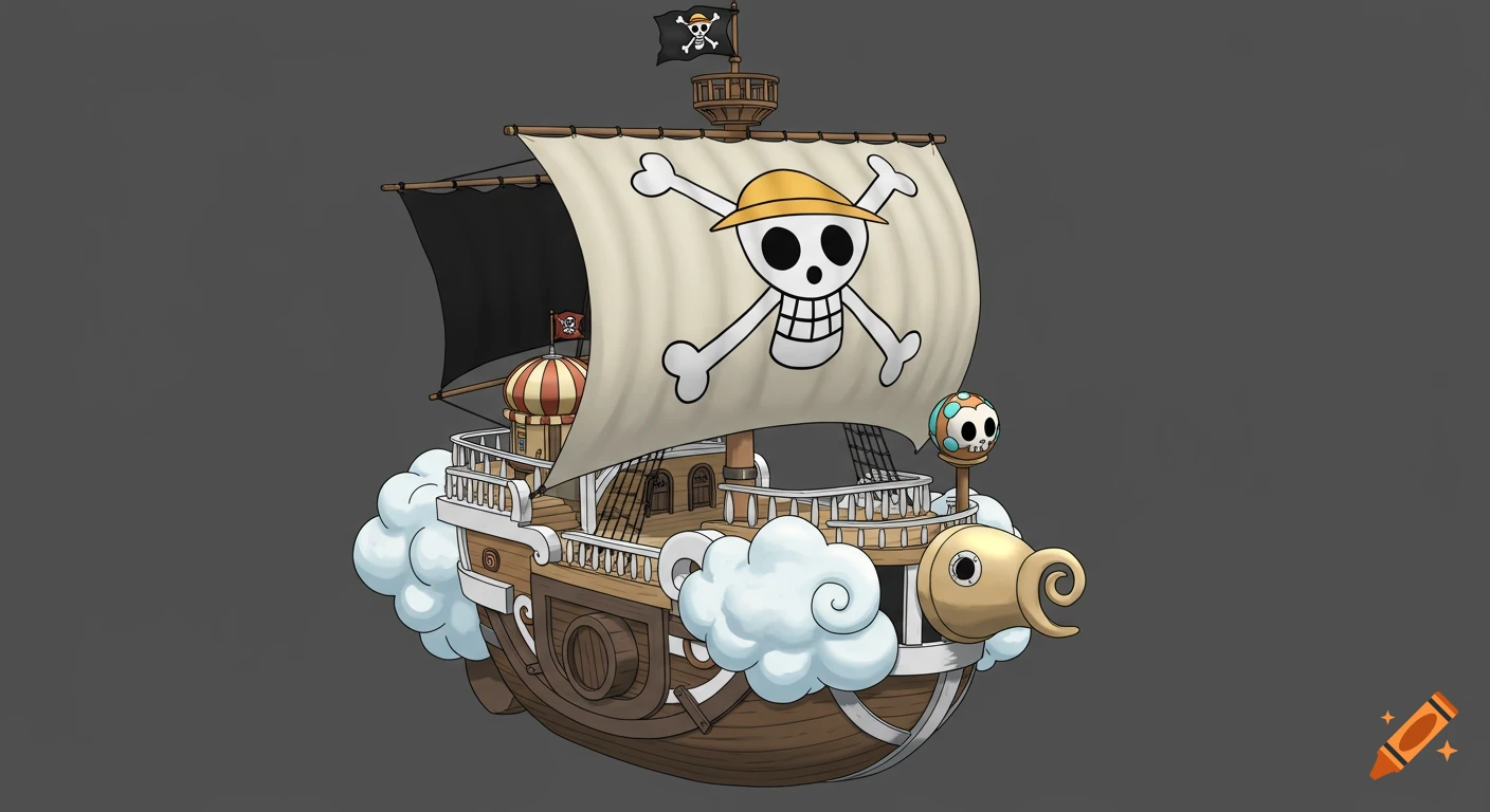 Cartoon pirate ship with skull flags and clouds, anime style.
