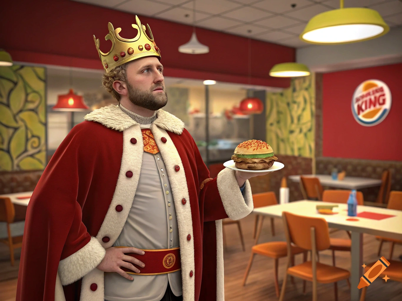 Man dressed as Burger King holding a hamburger in a restaurant.