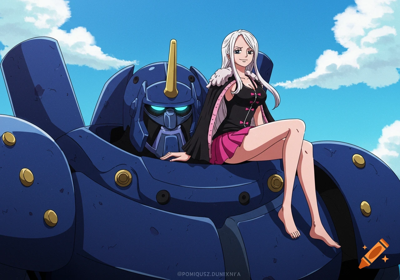 Anime woman with white hair sits on a large blue robot's shoulder under a blue sky.