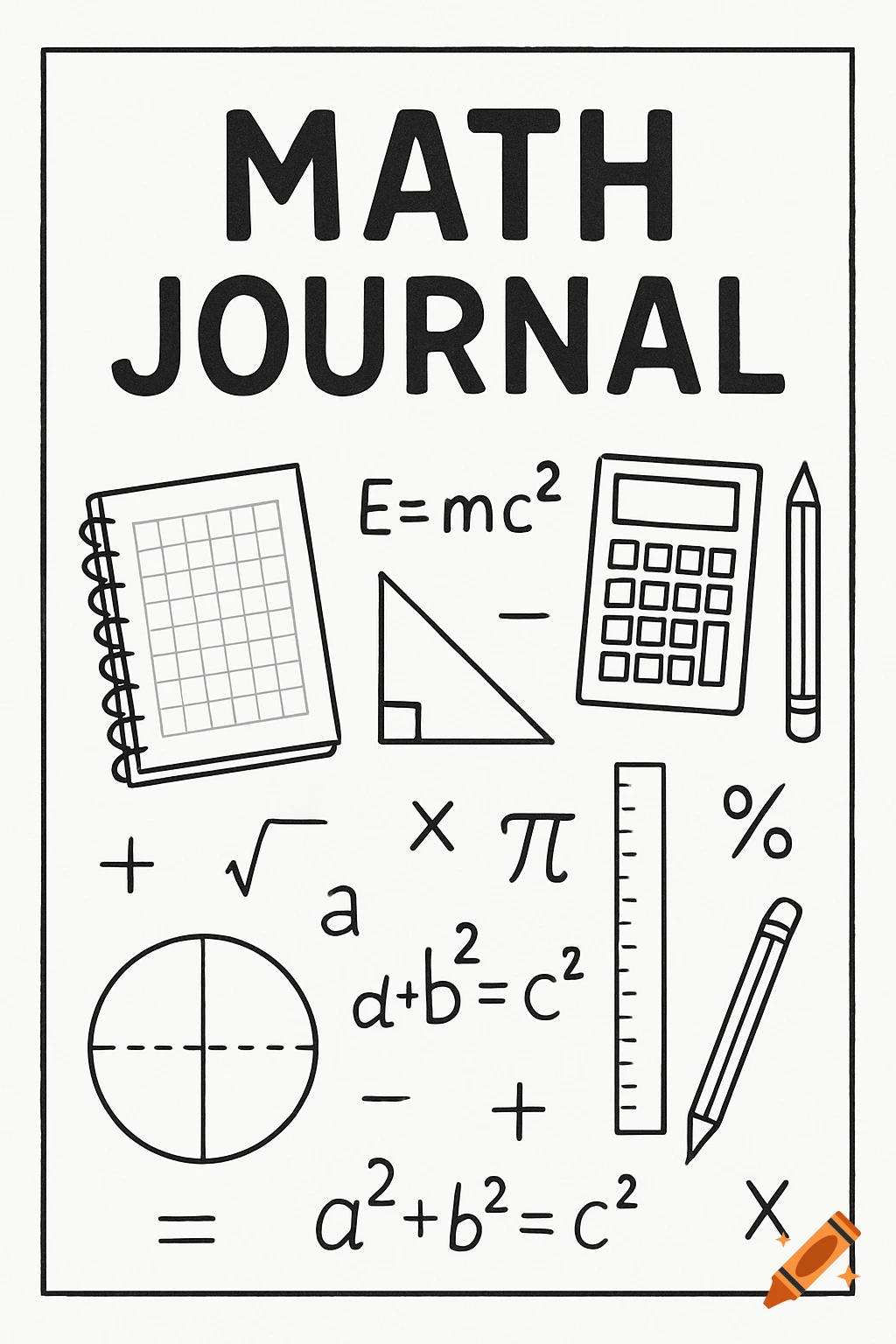 Black and white line art drawing for a math journal cover with formulas, symbols, and tools.