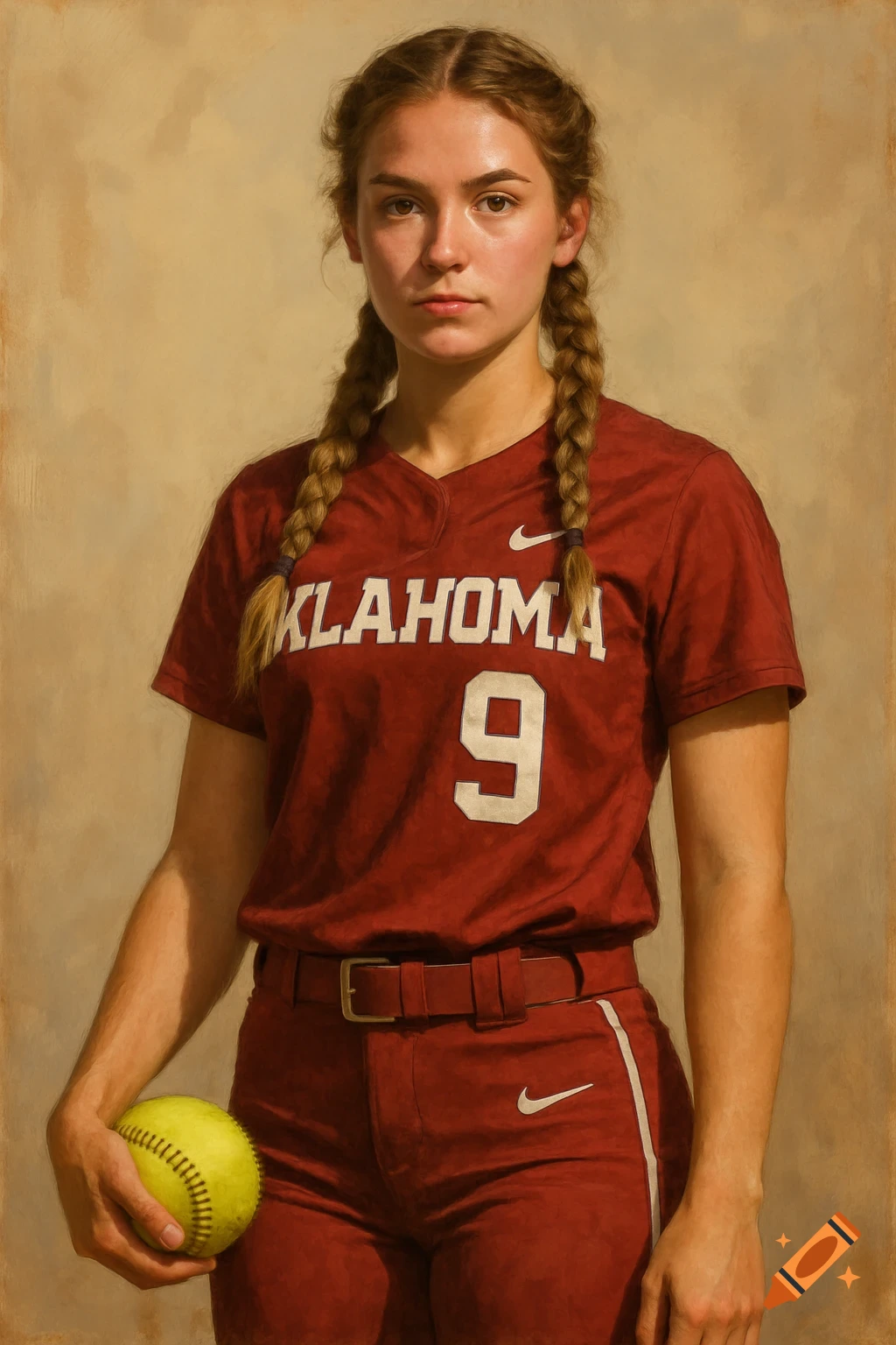 Portrait painting of a young woman in a maroon Oklahoma softball uniform holding a softball.