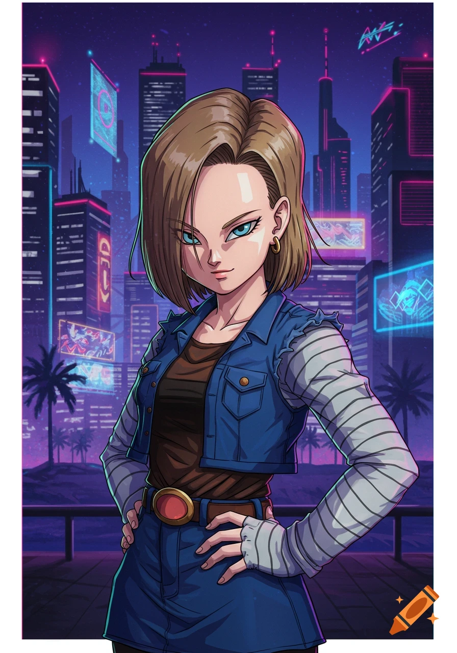Android 18 stands in front of a cyberpunk city skyline at night, anime style.