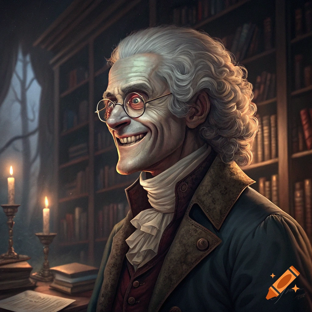 Stylized portrait of Thomas Jefferson as a friendly zombie smiling in a library.