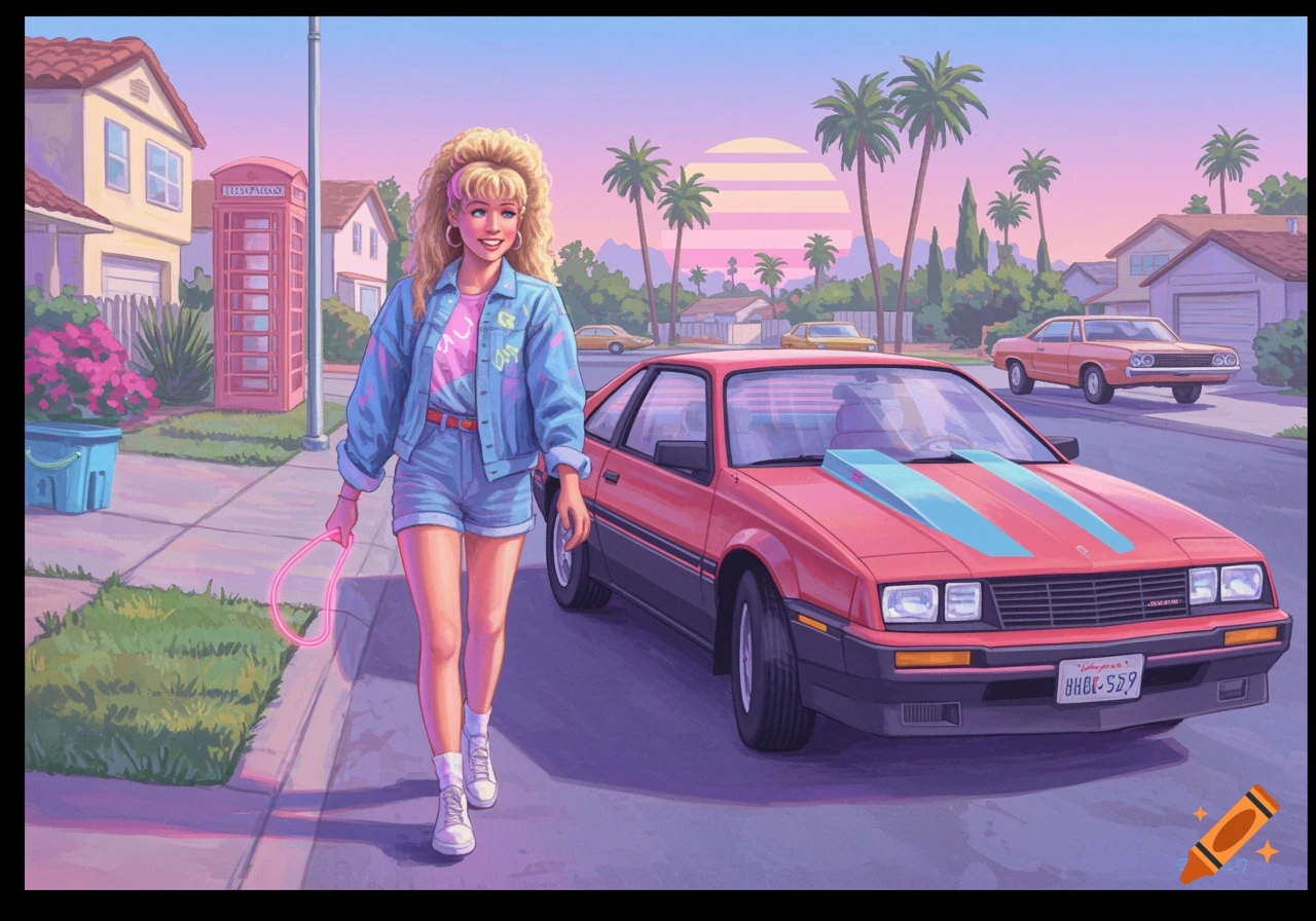 A woman in 80s clothes walks beside a red car on a street. Stylized illustration.