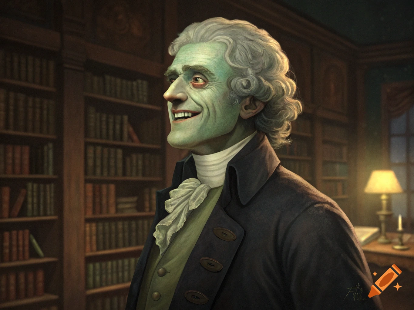 Stylized portrait of a friendly zombie Thomas Jefferson smiling in a library.