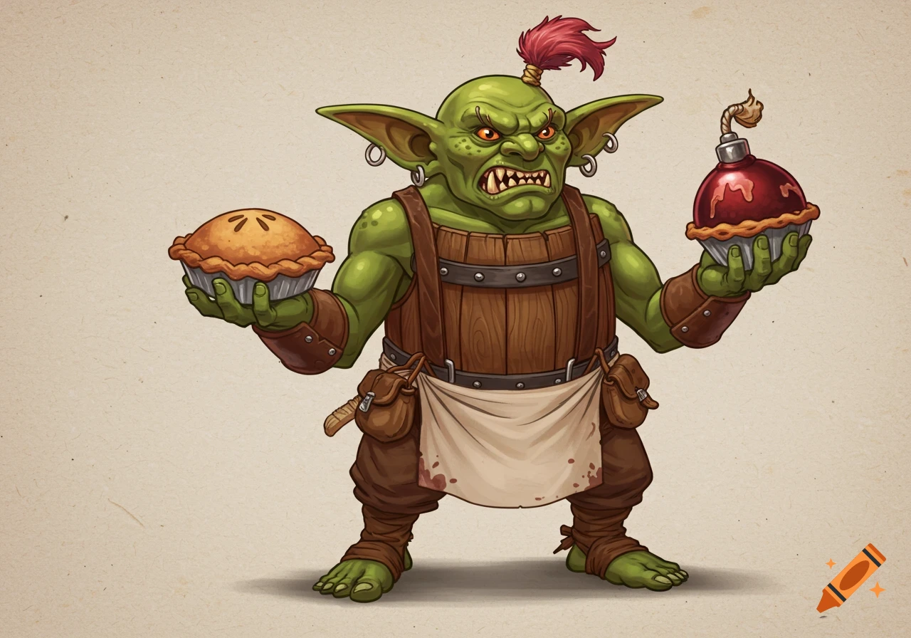 Cartoon fantasy goblin character holding a pie and a bomb-pie, wearing a barrel apron.