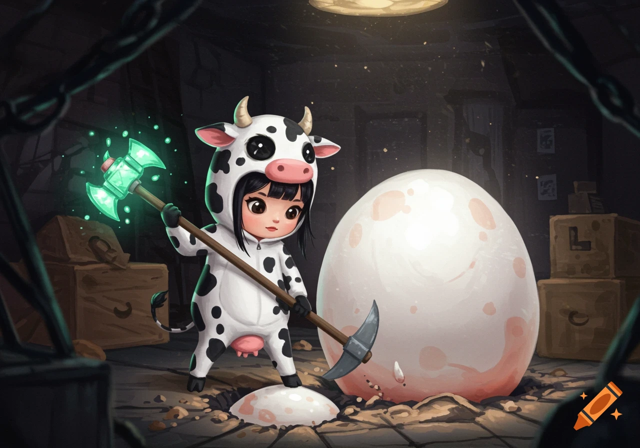 A cute girl in a cow costume uses a glowing green axe to mine a giant egg in a dark dungeon.