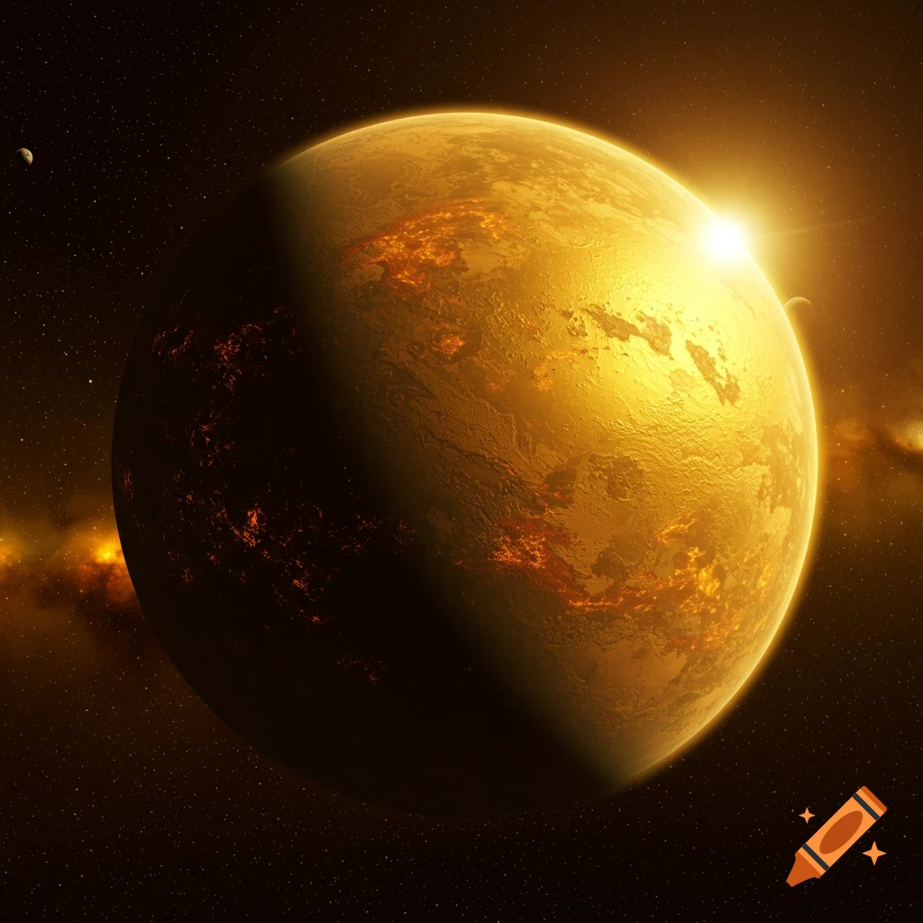 A golden planet in space, partially illuminated by a bright sun, with stars and nebulae in the background.