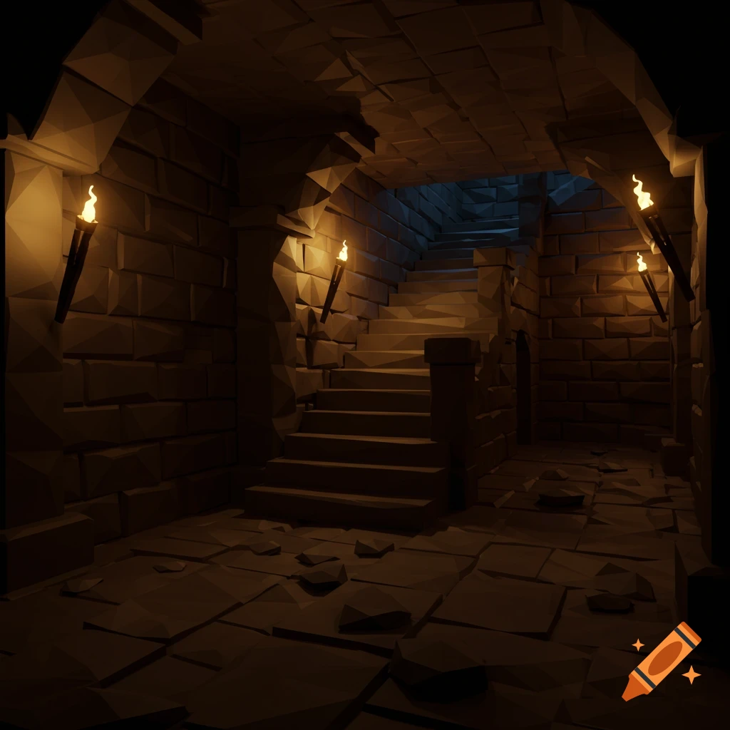 A low poly dungeon with stairs and torches.