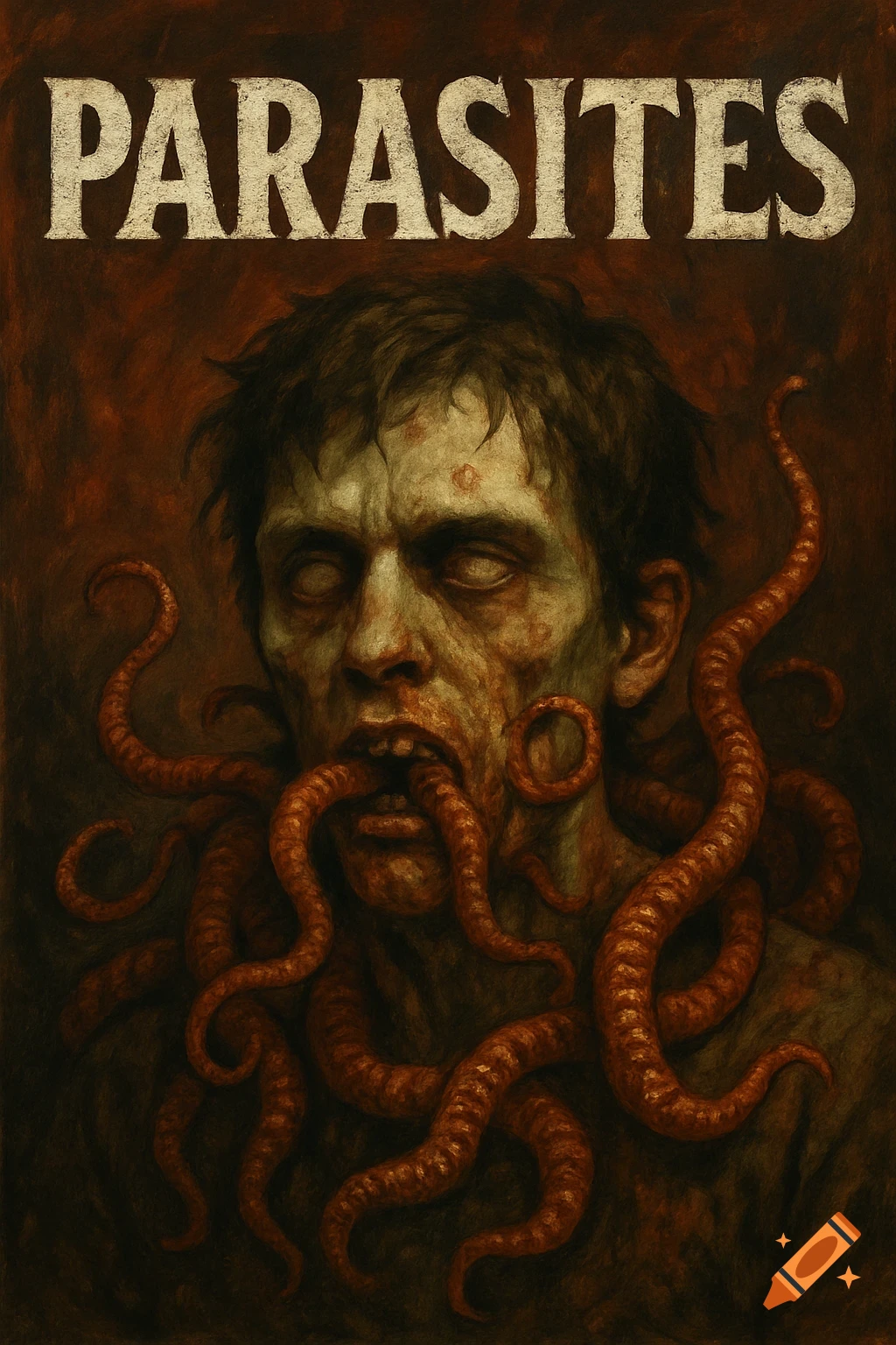 Artwork for "PARASITES" showing a distorted face with tentacles emerging from the mouth and neck in a dark painted style.