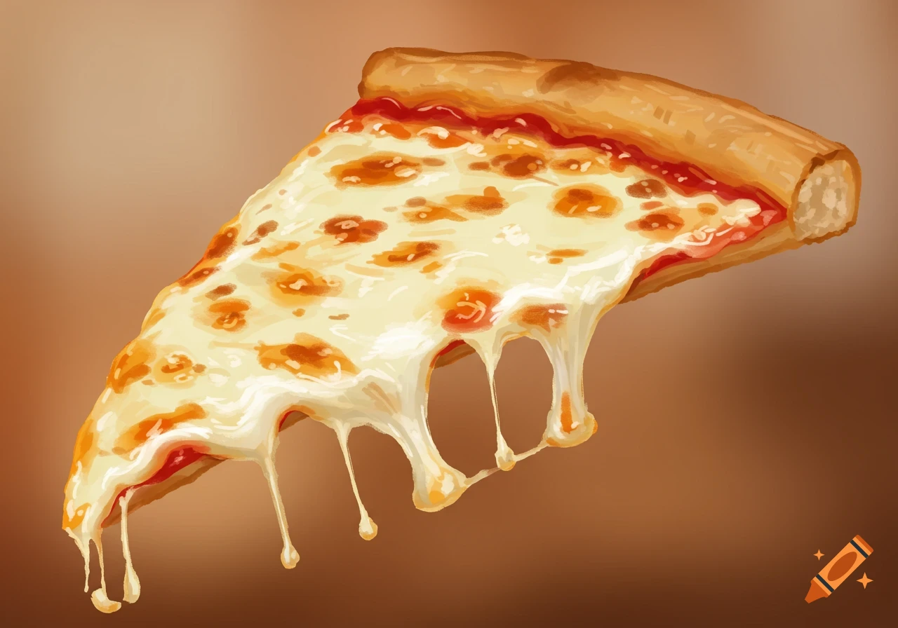 A slice of pizza with melting cheese, illustration