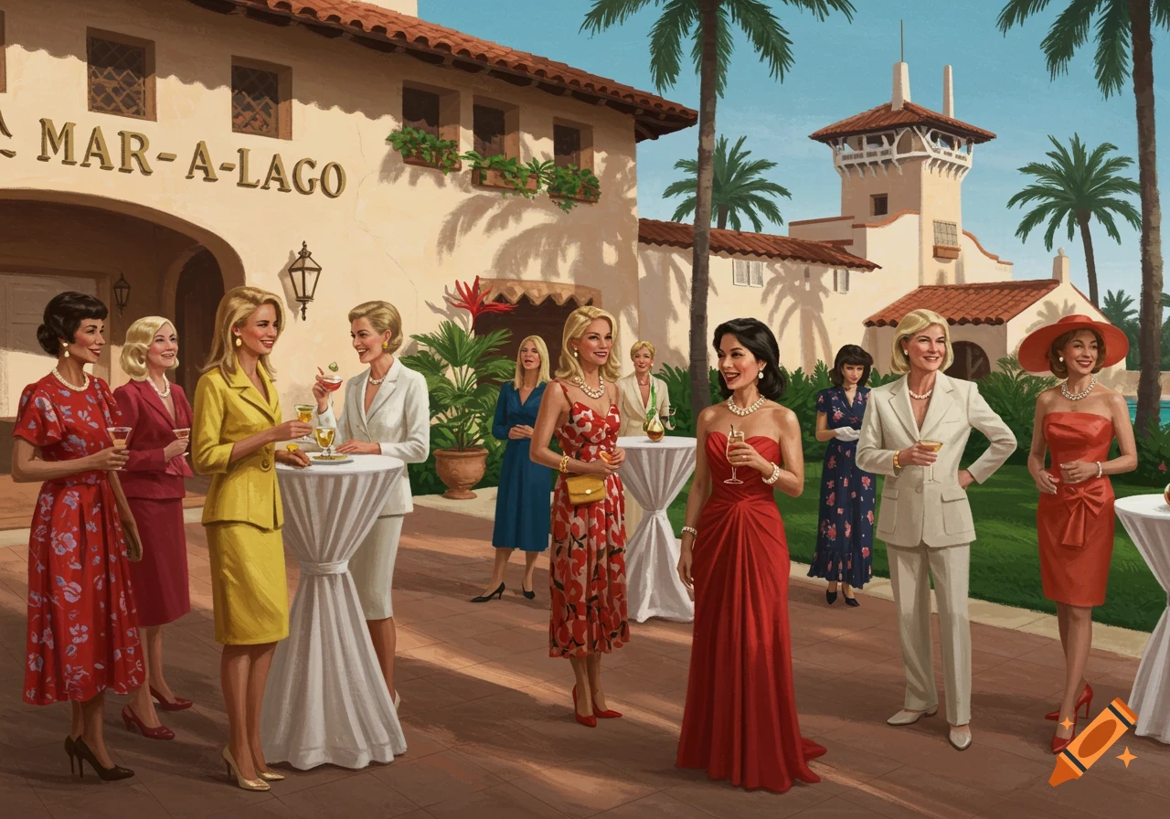 Women in dresses and suits socialize at an outdoor event at Mar-a-Lago in a painterly style.