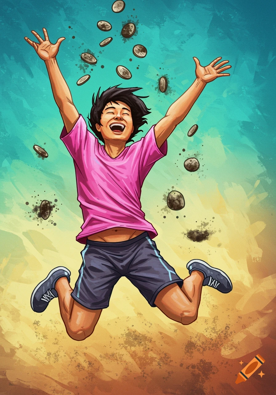 Illustration of a person jumping for joy, throwing coins in the air.