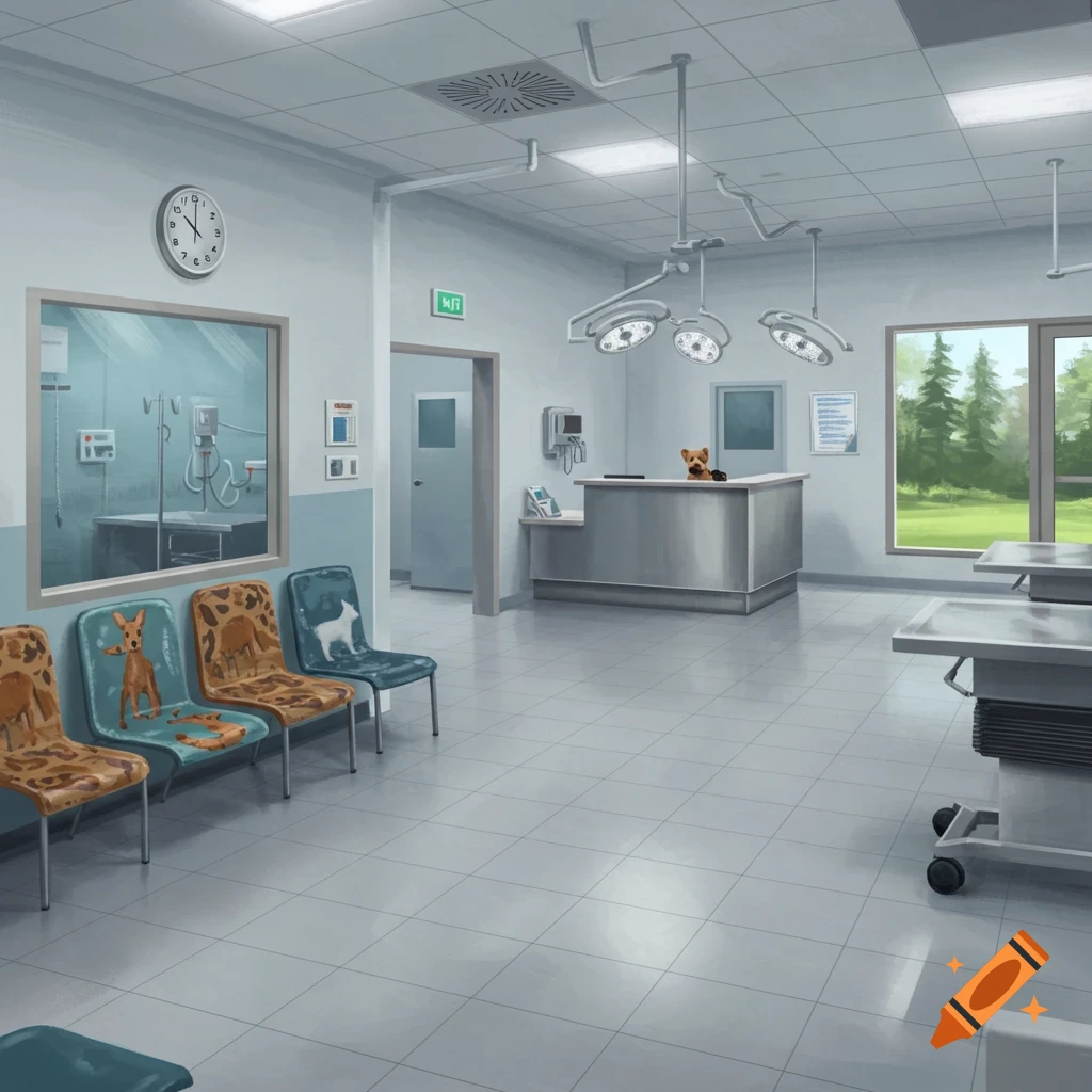 Interior view of an empty veterinary hospital with a reception desk, chairs with animal patterns, and a dog.