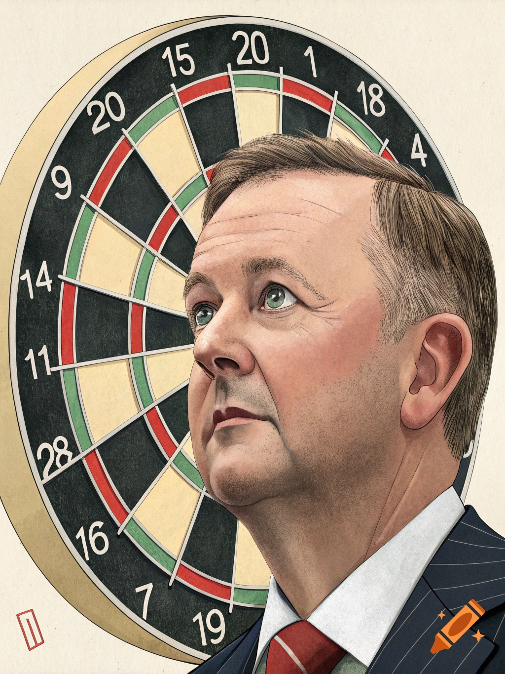 Illustration of a man's face in profile against a dartboard.