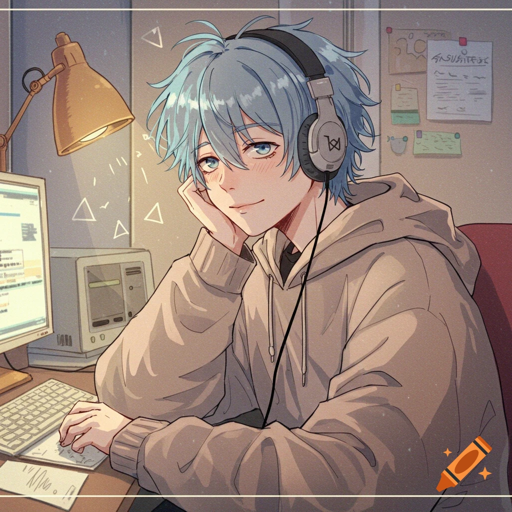 Anime boy with blue hair and headphones sitting at a desk with a computer, lofi style.