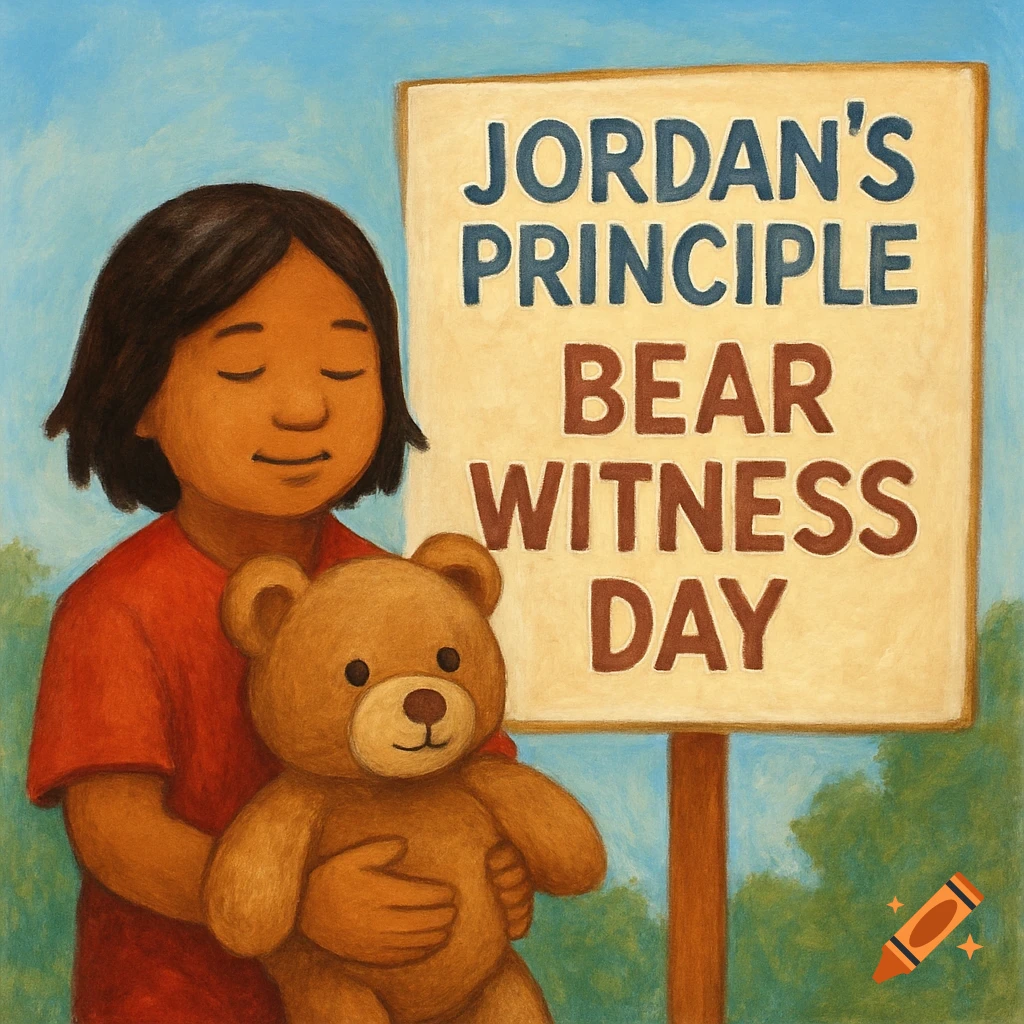 Illustration of a child holding a teddy bear next to a sign that reads 'Jordan's Principle Bear Witness Day'.