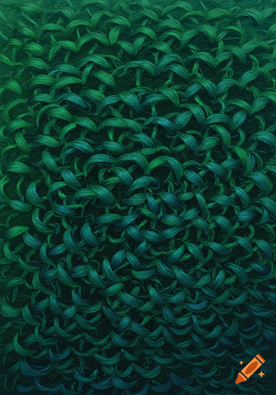 Close-up of interwoven green and blue-green threads forming a turtle stitch texture.