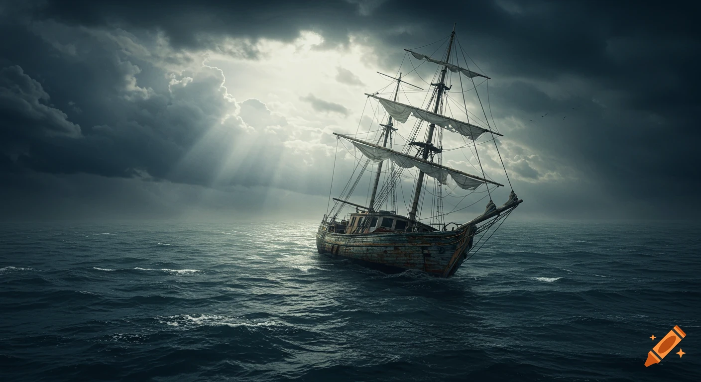 An abandoned sailing ship on a dark, stormy ocean with dramatic sunbeams breaking through the clouds.