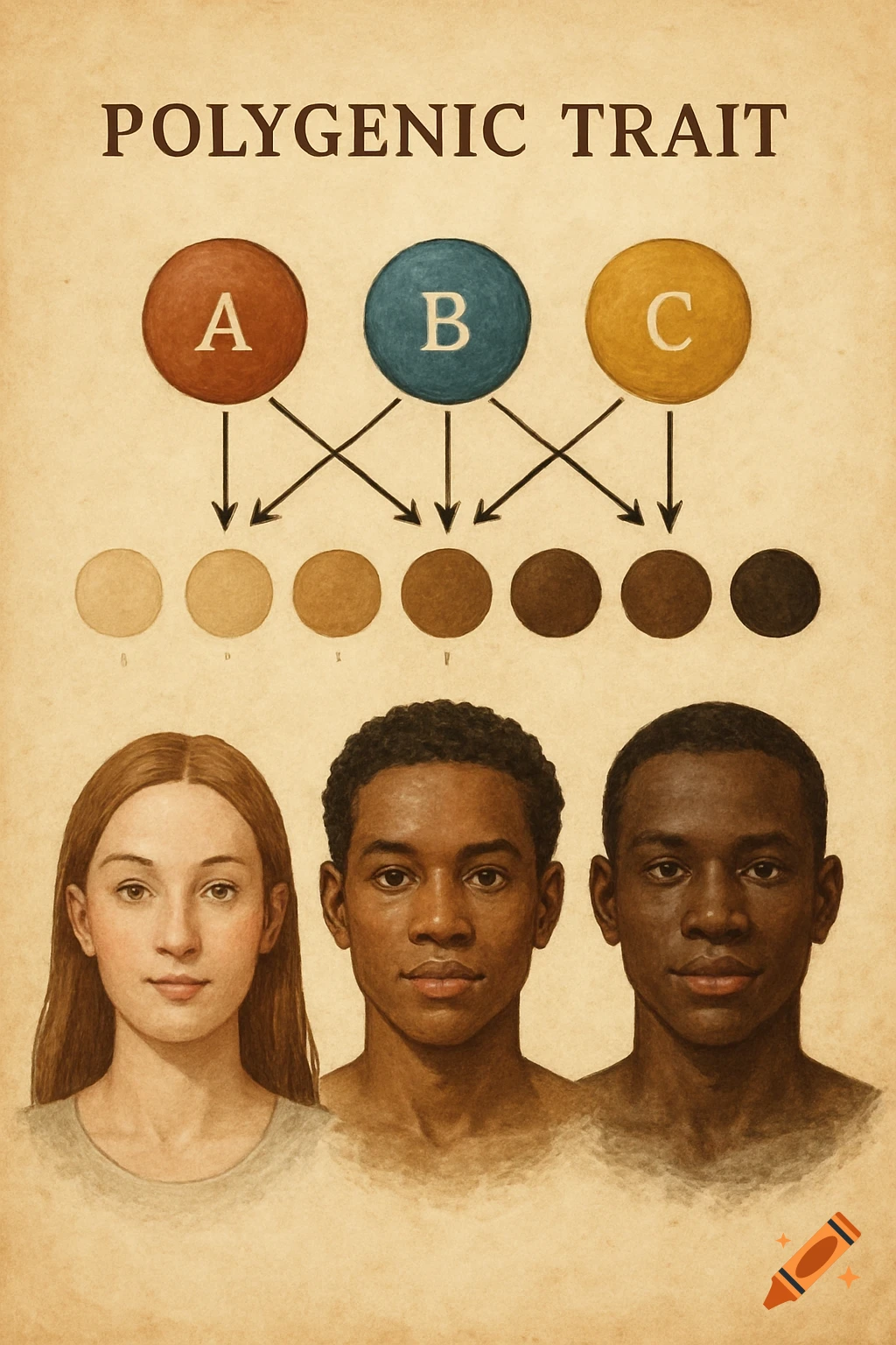 Diagram illustrating polygenic traits with circles labeled A, B, C leading to varying shades, shown with portraits of people with different skin tones.