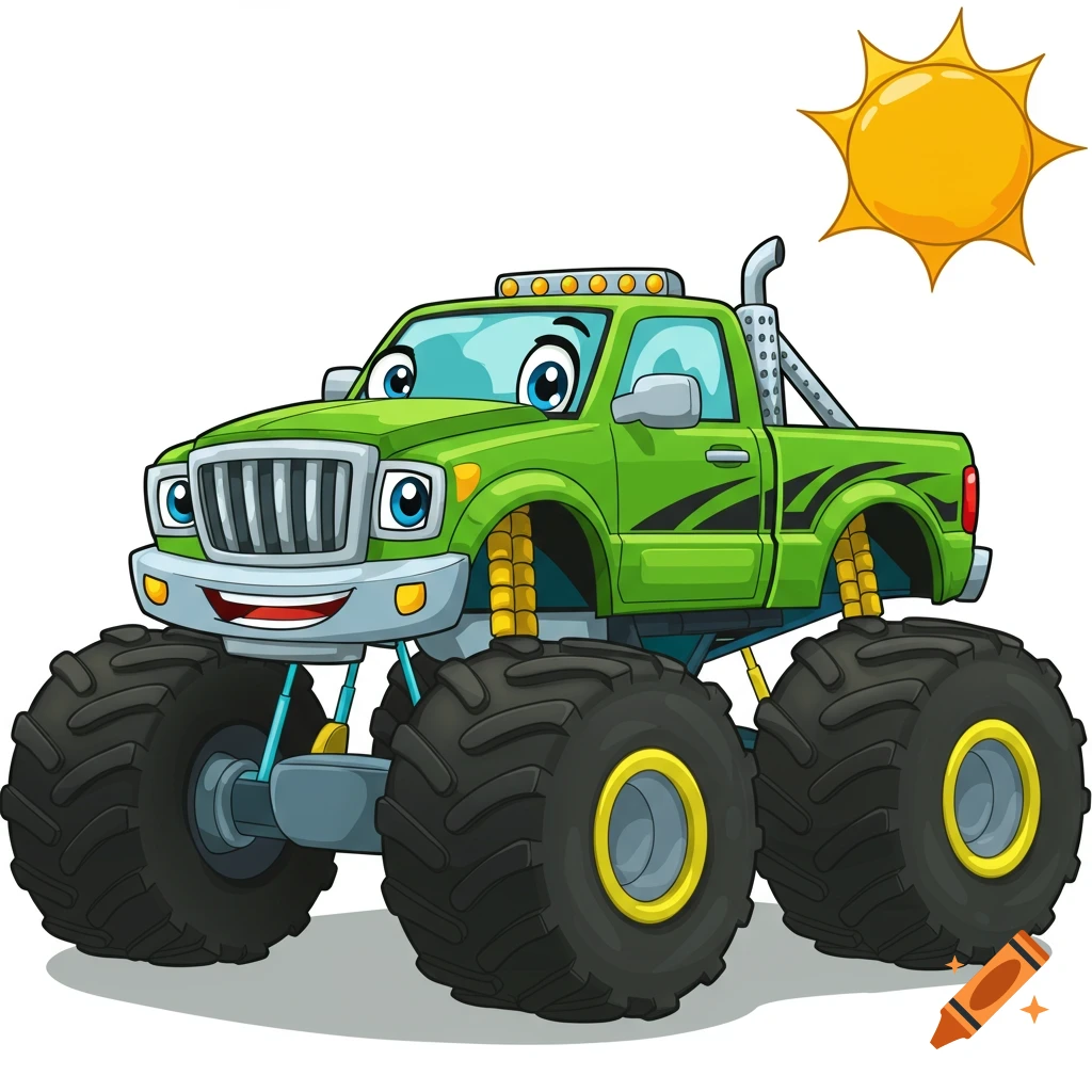 A cartoon illustration of a smiling green monster truck.