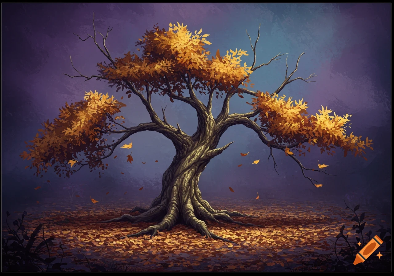 Stylized digital painting of a withered autumn tree with golden leaves falling onto a ground covered in fallen leaves.
