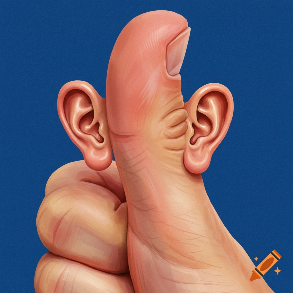 Illustration of a thumbs-up hand with human ears attached to the thumb.
