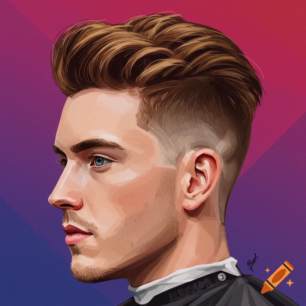 Stylized portrait of a man with a fade haircut against a gradient background, viewed from the side.