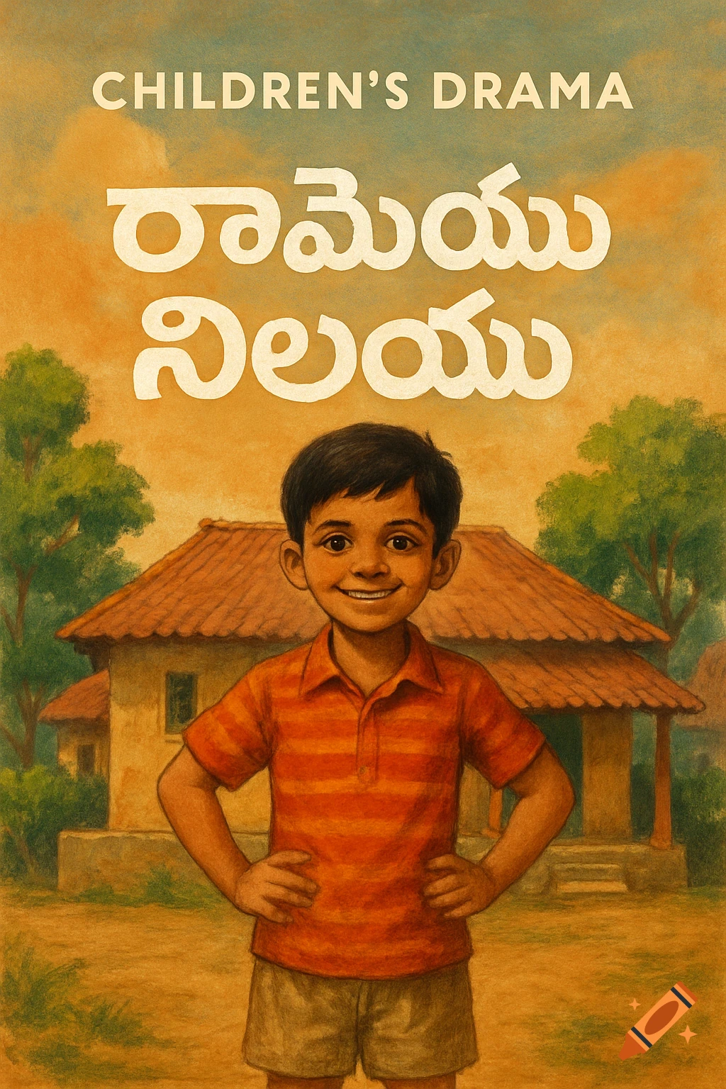 Illustration of a smiling boy in a village setting with text "CHILDREN'S DRAMA" and Telugu title "రామయ్య నిలయం" above.