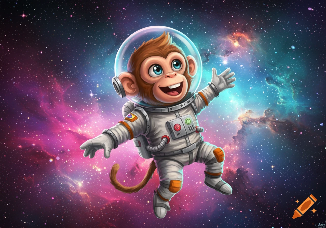 A cartoon monkey in a spacesuit floats in space surrounded by colorful nebulae and stars.