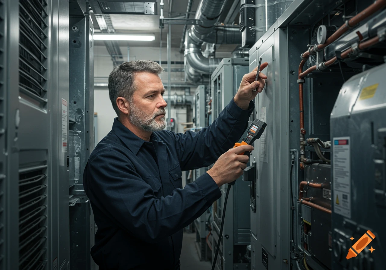 HVAC technician working on equipment in a mechanical room.