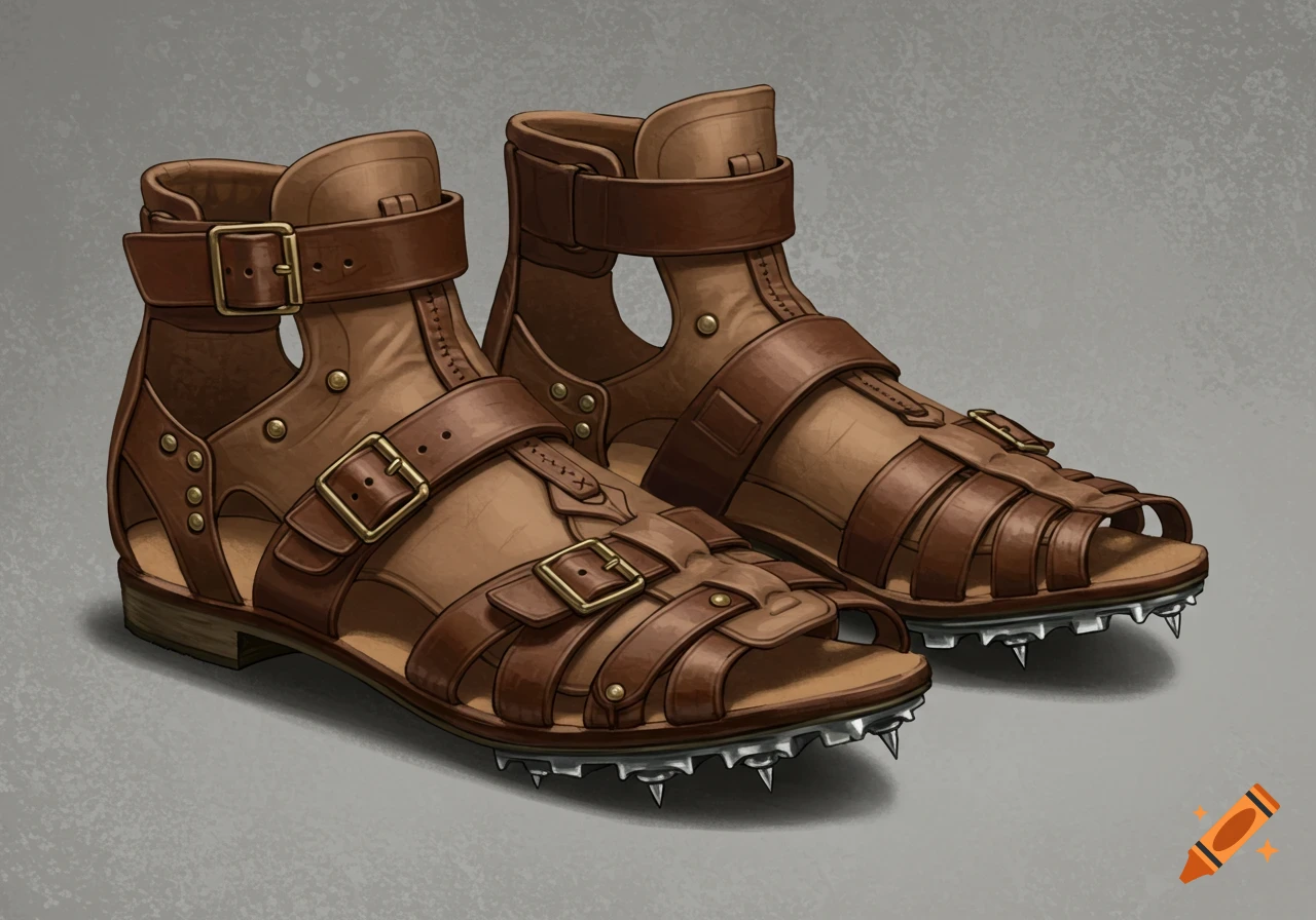 Pair of brown leather Roman sandals with spikes on the soles, digital illustration.