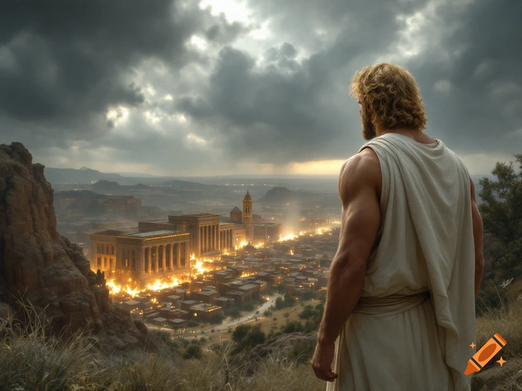 A man in a robe stands on a hill overlooking a city burning under stormy skies.