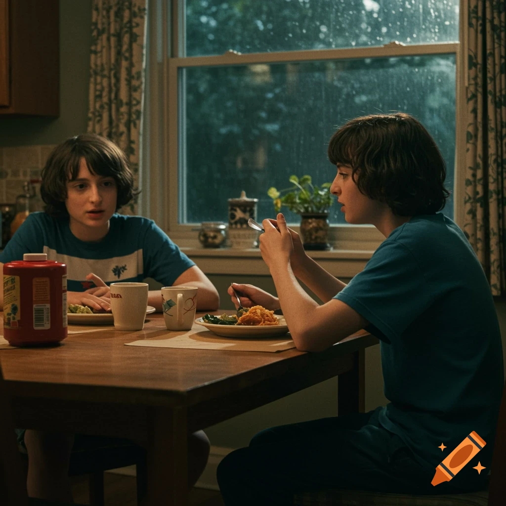 Two young boys sit at a table eating dinner in a kitchen, with a rainy view through the window. Photorealistic style.