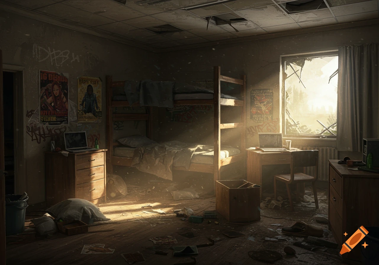 Abandoned college dorm room with bunk beds, desks, debris, broken window, and graffiti.